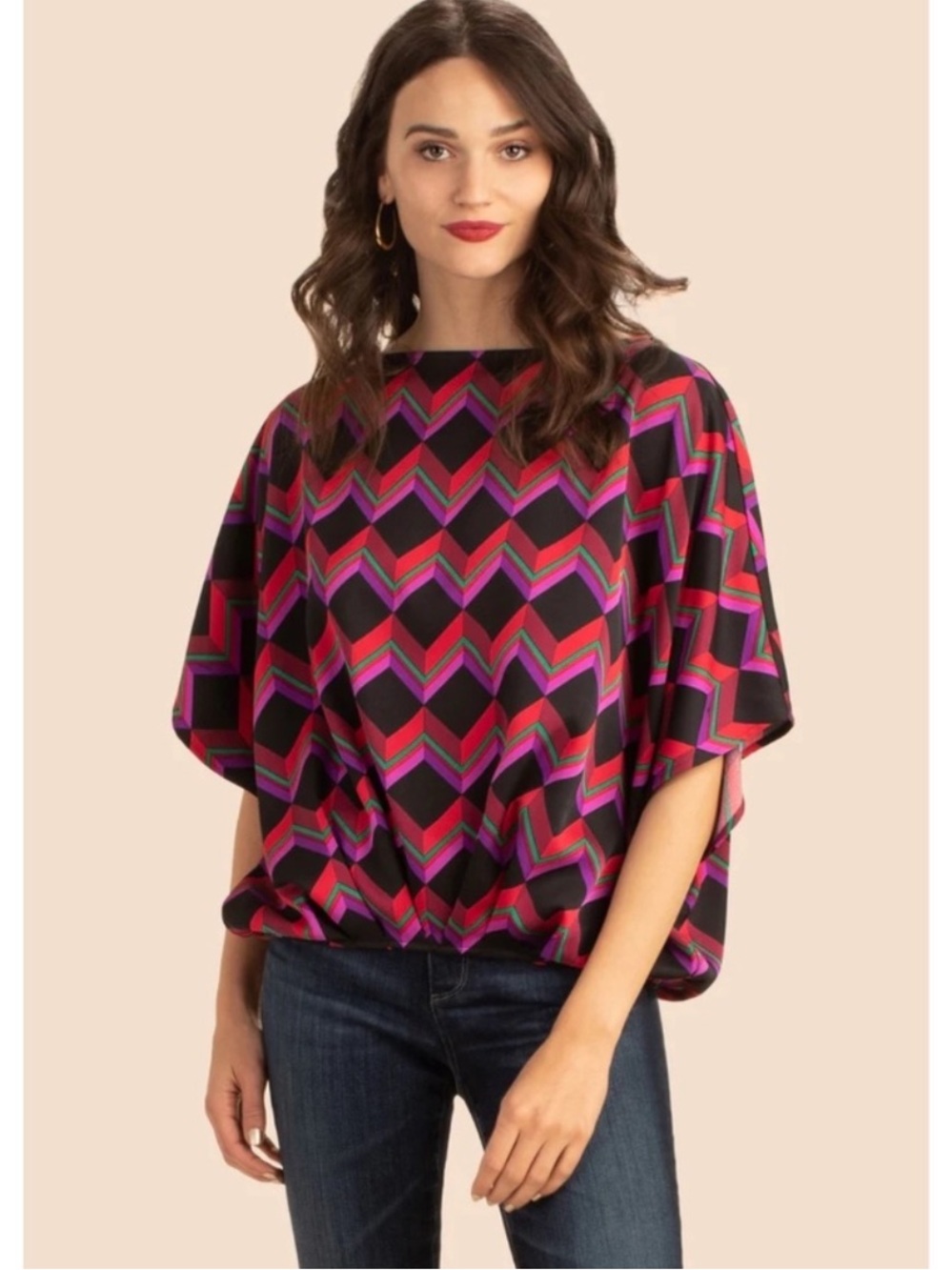 Trina Turk top oversized geometric Print Kimono Sleeve style Blouse XS